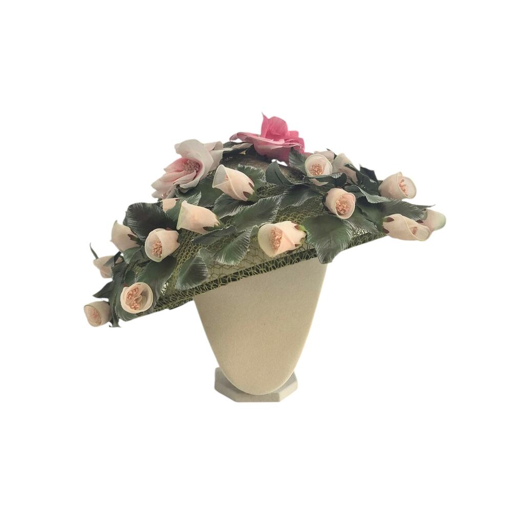 Vintage Hat by Mr Milton 1950's Floral Veiled Green Pink Flowers French Room